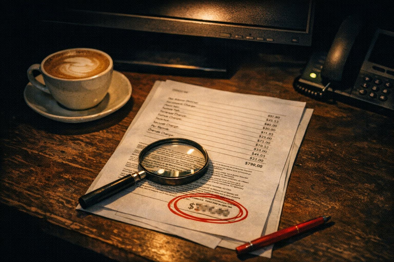 An itemised invoice on a desk under a magnifying glass, the total circled twice in red pen, next to a cold flat white and a desk phone.