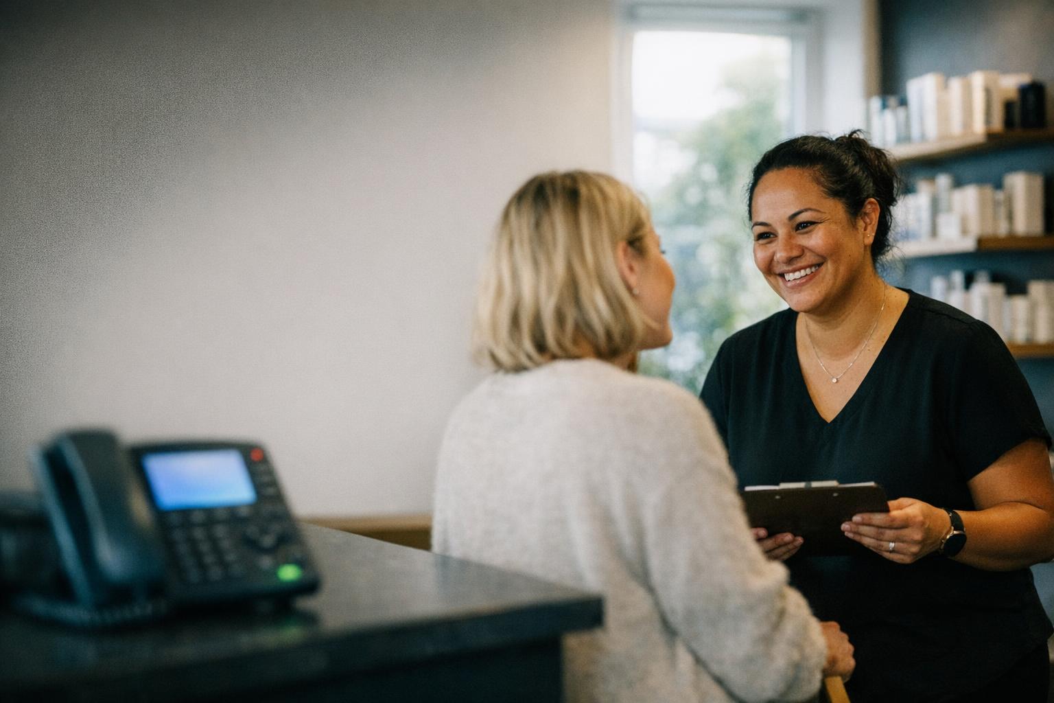 A New Zealand salon receptionist smiling and helping a client at the front desk while the desk phone sits handled in the foreground.