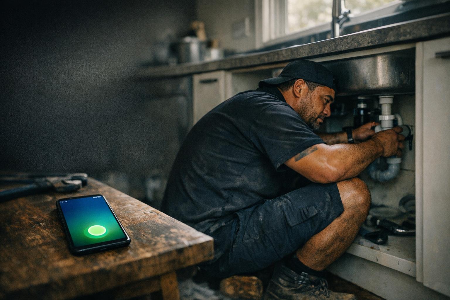 A New Zealand plumber working under a kitchen sink with both hands full while his phone rings on the floor beside his toolbox.