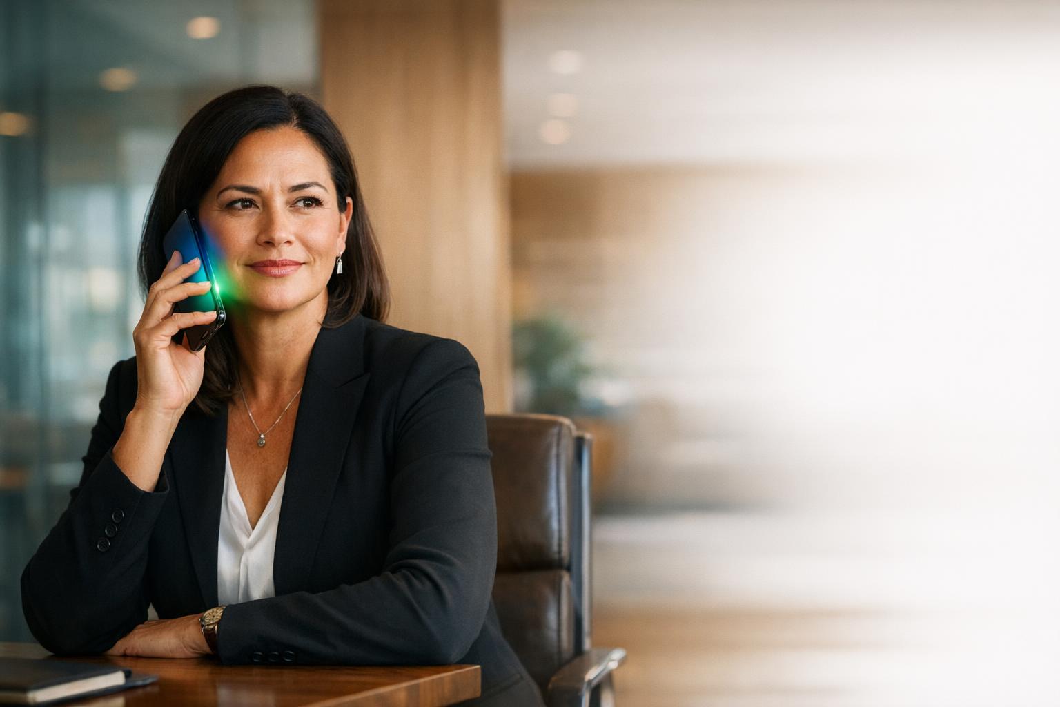 A composed New Zealand business professional in a modern office taking a phone call, the phone glowing in the Talkify blue to green gradient.